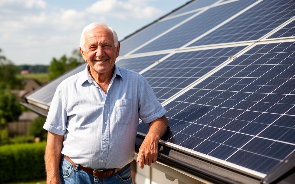 Starszy mężczyzna stojący dumnie obok paneli słonecznych na swoim domu